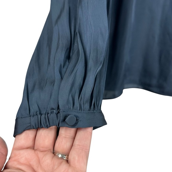 J.CREW Women's Large Jewel Blue Silky Flowy Bouse with tie neck and pleated top - Picture 2 of 10